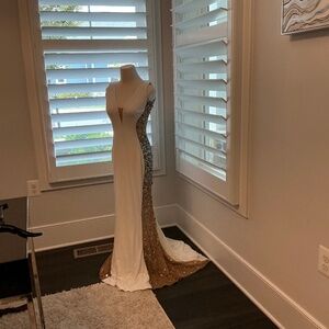 Gorgeous cream dress with aurora borealis crystals glass on sheer mesh along ent